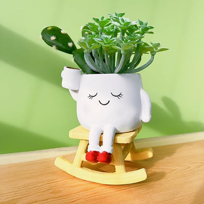 Cute Rocker Planter Small Succulent Pot Handmade Smiling Face Planter Pot Lightweight Resin Head Plant Pot with Drainage Hole 1Pack