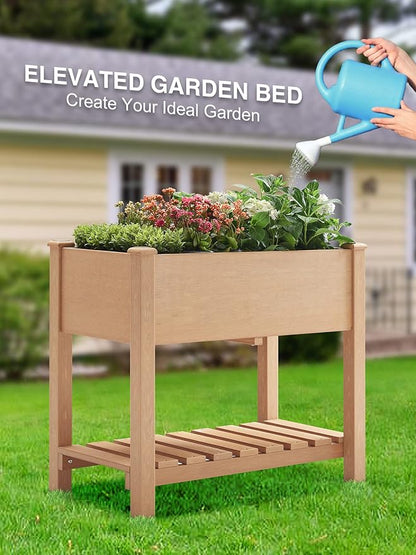 Psilvam Raised Garden Bed (4'x2') - 34 Inch Tall Poly Lumber Planter Box with Storage Shelf & Waterproof Tarp, No Assembly Required, Rot Resistant & Zero Maintenance for Vegetables, Flowers