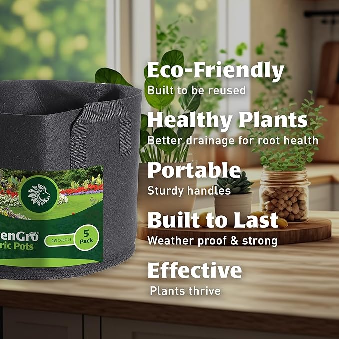 GreenGro 5-Pack 2 Gallon Nonwoven Fabric Grow Bags - Fabric Planting Pots/Great for Vegetables, Herbs, Flowers, Shrubs/Portable for Indoor & Outdoor Plants/Improved Aeration & Drainage