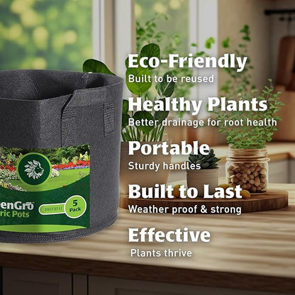 GreenGro 5-Pack 5 Gallon Nonwoven Fabric Grow Bags - Fabric Planting Pots/Great for Vegetables, Herbs, Flowers, Shrubs/Portable for Indoor & Outdoor Plants/Improved Aeration & Drainage