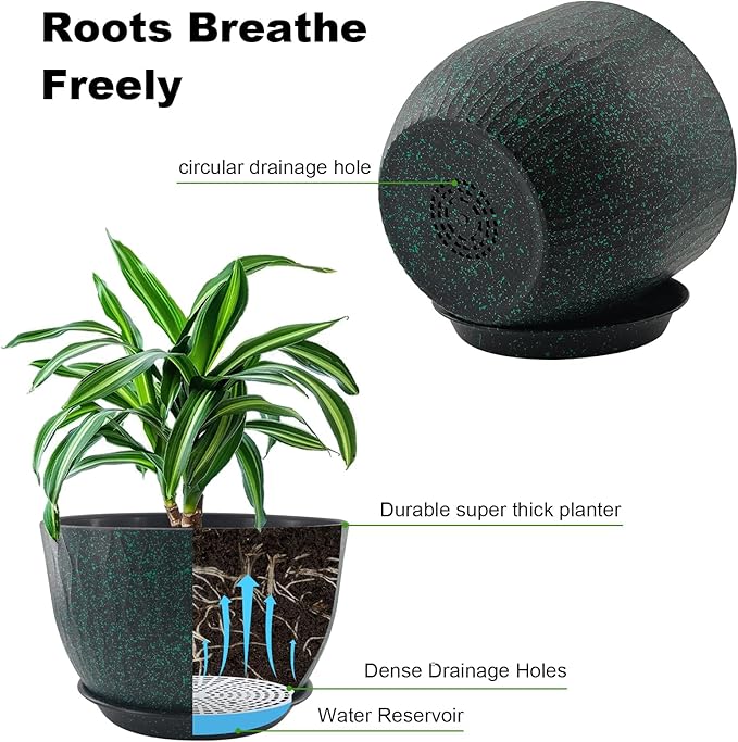 12/10/9 inch Plant Pots, 3 Pack Flower Pots for Outdoor Indoor Garden Plants, Large Planters with Multi Mesh Drainage Holes and Saucer (Black with Green Speckles, 12"+10"+9")