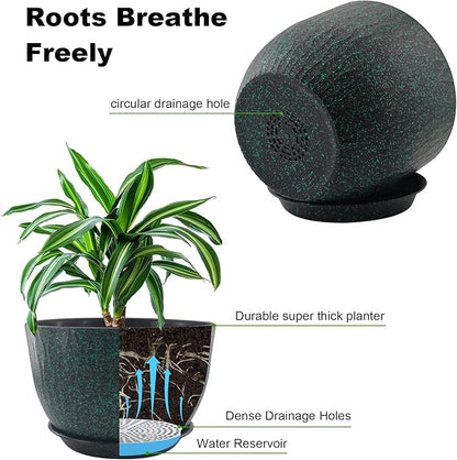 12/10/9 inch Plant Pots, 3 Pack Flower Pots for Outdoor Indoor Garden Plants, Large Planters with Multi Mesh Drainage Holes and Saucer (Black with Green Speckles, 12"+10"+9")