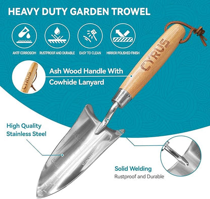 CYRUS Garden Shovel with Measurement Mark,Small Shovels for Gardening with Ash Wood Handle,12.4''Stainless Steel Hand Shovel Garden Spade Potting Soil Scoop for Gardening Planting,Transplanting