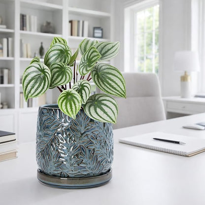 D'vine Dev 6 Inch Embossed Leaves Stoneware Planter Pot with Drainage Hole and Saucer, Ocean Teal, 27-A-X-8