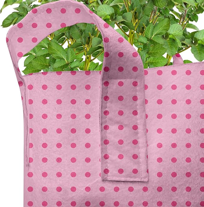 Lunarable Polka Dot Grow Bags 5-Pack, Simplistic Dots, Heavyduty Fabric Pots with Handles for Plants, Pink Magenta