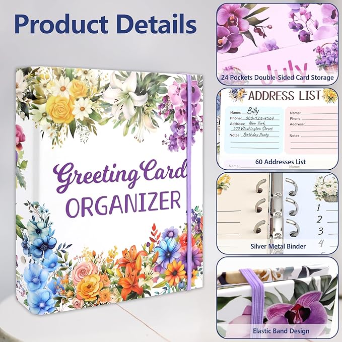 Ceiba Tree Greeting Card Organizer with 24 Pockets Flora Month by Month Hardcover Binder Birthday Reminder for Holiday Wedding Anniversary Cards Home Office