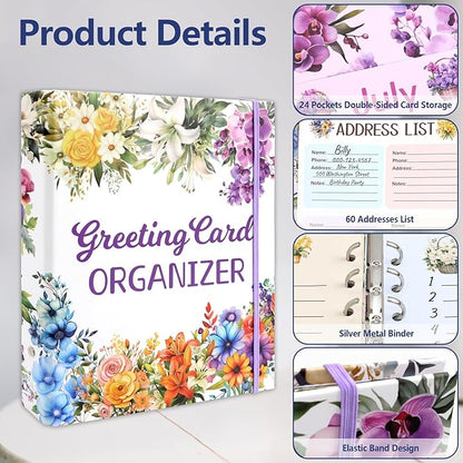 Ceiba Tree Greeting Card Organizer with 24 Pockets Flora Month by Month Hardcover Binder Birthday Reminder for Holiday Wedding Anniversary Cards Home Office