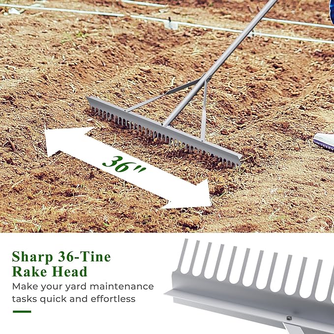 IRONMAX Landscape Rake, 36’’W Aluminum Garden Leaf Rake with 68’’ Long Handle & 36 Tines, Lightweight Yard Landscaping Rake for Loosening Soil, Lawn Care, Lake and Beach Care