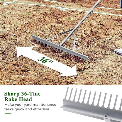 IRONMAX Landscape Rake, 36’’W Aluminum Garden Leaf Rake with 68’’ Long Handle & 36 Tines, Lightweight Yard Landscaping Rake for Loosening Soil, Lawn Care, Lake and Beach Care