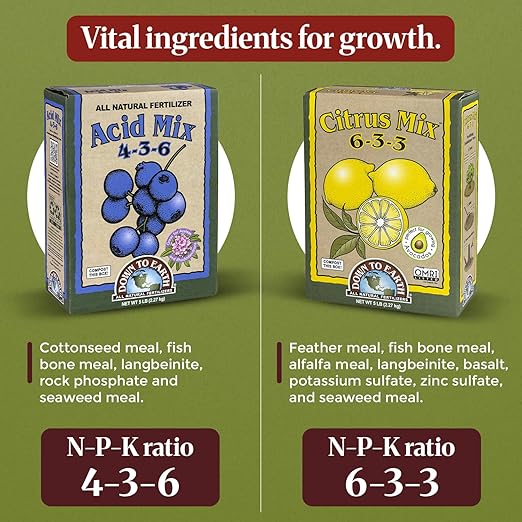 Down To Earth Citrus Mix 6-3-3 & Acid Mix 4-3-6 Fertilizer Bundle | Organic Plant Food for Citrus, Blueberries & Acid-Loving Plant | Nutrient-Rich Soil Amendment for Garden & Potted Plants | 5 lb Each