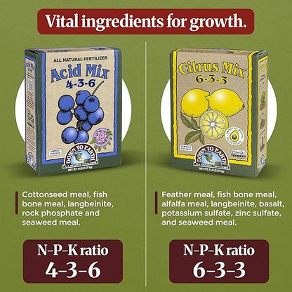 Down To Earth Citrus Mix 6-3-3 & Acid Mix 4-3-6 Fertilizer Bundle | Organic Plant Food for Citrus, Blueberries & Acid-Loving Plant | Nutrient-Rich Soil Amendment for Garden & Potted Plants | 5 lb Each