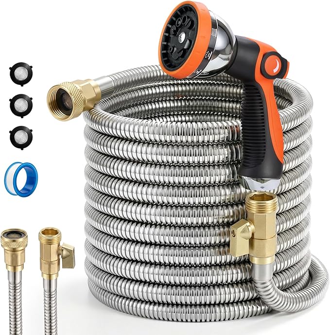 Garden Hose, 25ft 5/8" Stainless Steel Water Hose w/ 10-Mode Spray Nozzle, On/Off Valve, 523 PSI Burst, Anti-Kink, Lightweight All-Weather Flexible, Leakproof 3/4" Brass Male to Female Fittings