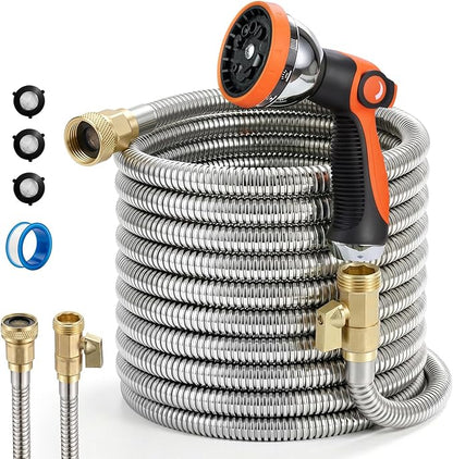 Garden Hose, 25ft 5/8" Stainless Steel Water Hose w/ 10-Mode Spray Nozzle, On/Off Valve, 523 PSI Burst, Anti-Kink, Lightweight All-Weather Flexible, Leakproof 3/4" Brass Male to Female Fittings