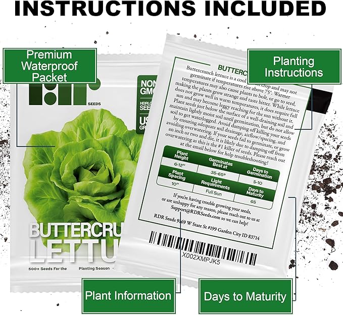 Lettuce Seeds for Planting Variety Pack - 5 Types of Lettuce - Buttercrunch, Parris Island Cos, Oakleaf, Little Gem, and Iceberg
