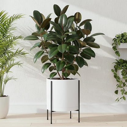D'vine Dev 14 Inch White Planter Pot with Stand – Modern Plastic Cylinder Flower Pot with Heavy-Duty Metal Stand for Indoor Plants, 55-D-A-4