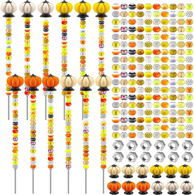 Tigeen 236 Pcs Garden Stake DIY Fairy Wand Plant Stake with 12 Colorful Crystal Stopper Top 12 Threaded Rod with 200 Large Hole Bead for Spring Summer Holiday Outdoor Decorations(Autumn Pumpkin)
