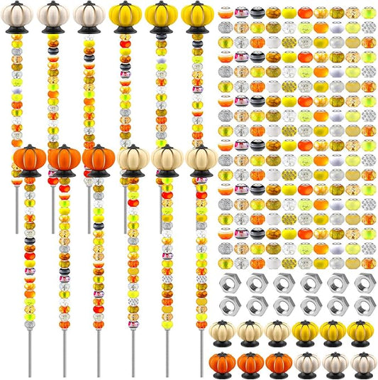 Tigeen 236 Pcs Garden Stake DIY Fairy Wand Plant Stake with 12 Colorful Crystal Stopper Top 12 Threaded Rod with 200 Large Hole Bead for Spring Summer Holiday Outdoor Decorations(Autumn Pumpkin)