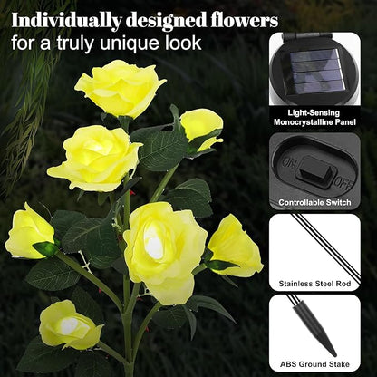 Solar Rose Lights Outdoor, 2 Pack with 14 Rose Flowers Waterproof Color Changing LED Flower Lights, Solar Powered Garden Stakes for Yard, Patio, Pathway Decor - Artificial Floral Decorative Lighting