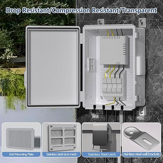 Electrical Junction Box, Ventilated Design, Cable Grommets, Indoor/Outdoor Use with Mounting Panel & Hinged Cover. Waterproof IP 65. (Grey Cover, 13.8"x9.7"x5.9")
