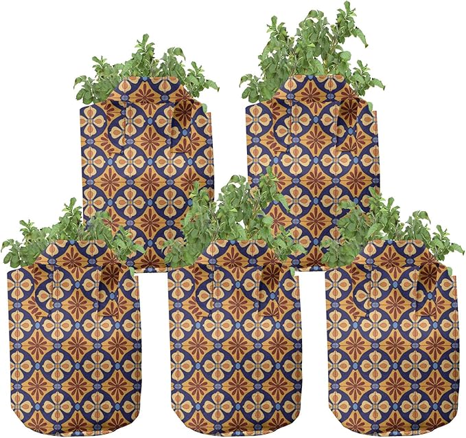 Lunarable Talavera Grow Bags 5-Pack, Mexican Ethnic, Heavyduty Fabric Pots with Handles for Plants, Blue Coffee