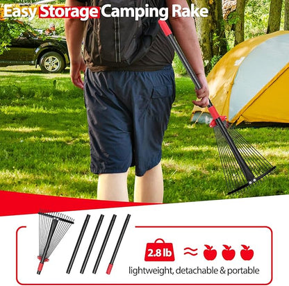 Adjustable Garden Leaf Rake for Lawns - Heavy Duty Metal With 18 Clog-Free Tines, 9"-17" Collapsible Head, 75 in Long Handle - Yard Tools for Gardening, Camping, Fast Cleanup