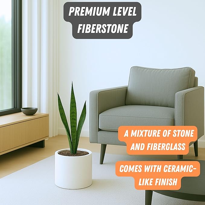 Fox & Fern 8 Inch Plant Pot with Drainage Plug — Premium Lightweight Fiberstone Matte White Planter - Indoor & Outdoor Planter - 8 Inch Pots for Plants - Weather Resistant & UV Resistant