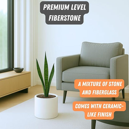 Fox & Fern 8 Inch Plant Pot with Drainage Plug — Premium Lightweight Fiberstone Matte White Planter - Indoor & Outdoor Planter - 8 Inch Pots for Plants - Weather Resistant & UV Resistant