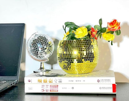 Disco Ball Planter,Disco Ball Vase,Plant Pot,Flower Pot,Mirror Plant Holder,Plastics Self Watering Disco Decor Planter for Small Plant, Party,Table,Office,Kitchen (Gold, 4X5IN)