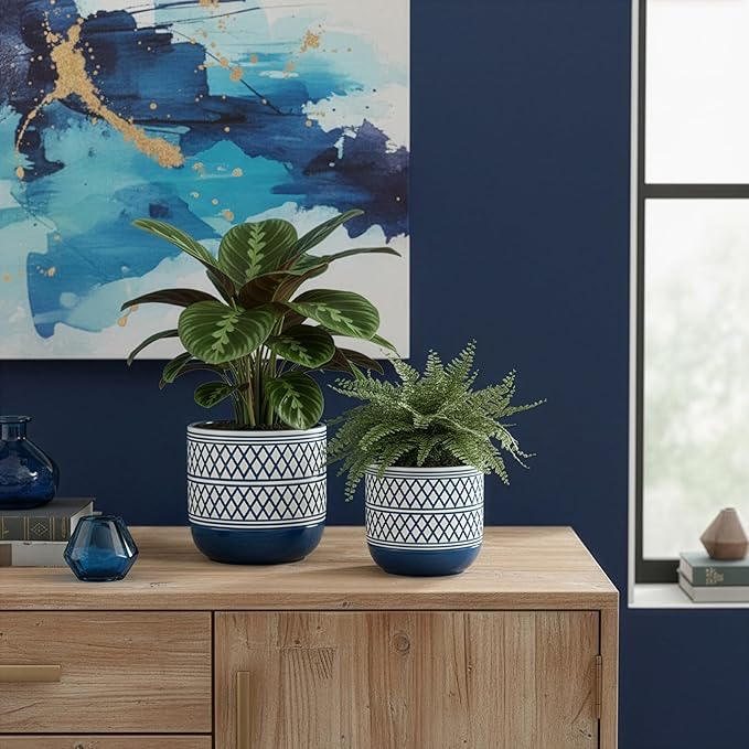 Decorative Ceramic Flower Pots Set of 2 – 6 & 4.7 Inch Indoor Plant Pots, Boho Decorative Pots for Plants, Orchid & Succulent Planters with Drainage