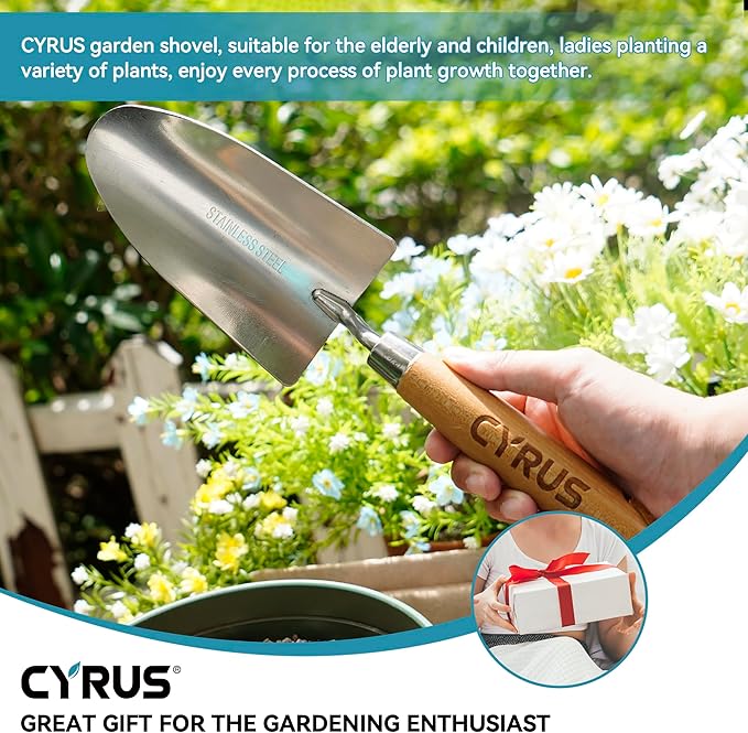 CYRUS Garden Shovel 12.6”Stainless Steel,Small Shovels for Gardening with Ash Wood Handle,Hand Shovel Garden Spade Potting Soil Scoop for Planting,Transplanting
