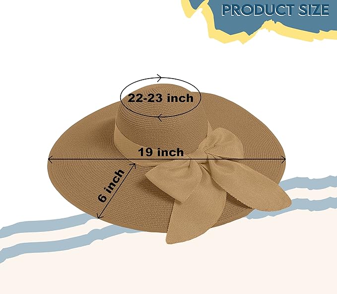 Women's Wide Brim UPF 50+ Straw Sun Hat with Bow - Foldable Packable Summer Beach Hat with Chin Strap