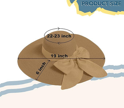 Women's Wide Brim UPF 50+ Straw Sun Hat with Bow - Foldable Packable Summer Beach Hat with Chin Strap