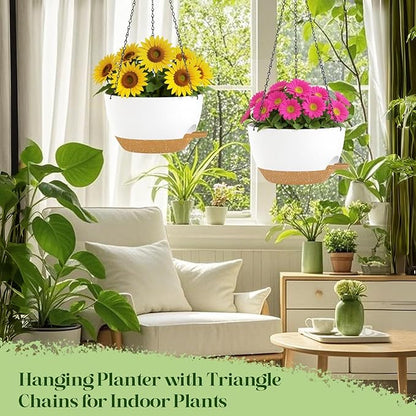 2 Pack 10 Inch Self Watering Hanging Planters for Indoor Plants, Large White Brown Plastic Hanging Pots with Chains for Outdoor Patio Garden Home Decor (White Brown)