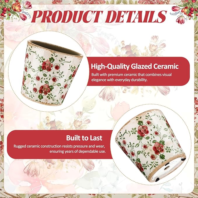 Farmhouse Ceramic Planter 5.5 Inch Large Plants Pot Crack Beige Red Rose Flowers Plant Pots with Drainage Hole Indoor Plants Kitchen Rustic Antique Decor Gift