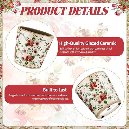 Farmhouse Ceramic Planter 5.5 Inch Large Plants Pot Crack Beige Red Rose Flowers Plant Pots with Drainage Hole Indoor Plants Kitchen Rustic Antique Decor Gift