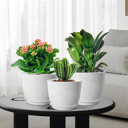 Large Flower Pots 12/10/9 inch, Set of 3 Modern Decorative Plastic Planters with Drainage Holes and Saucers for Garden House Plants, Plant Pots for Indoor Outdoor Plants, Speckled White