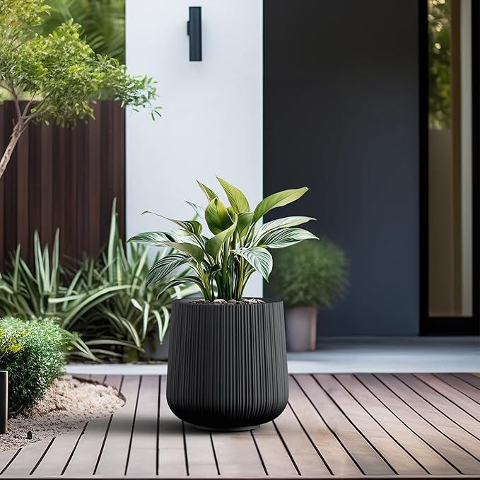 Kante 13.0" Dia Round Fluted Concrete Planter, Large Plant Pot with Drainage, Smooth Black Finish with Painted Interior, for Indoor and Outdoor Use