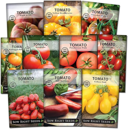 Sow Right Seeds - Tomato Seed Collection for Planting - 10 Varieties with Many Sizes, Shapes, and Colors - Non-GMO Heirloom Packets with Instructions for Growing a Home Vegetable Garden - Great Gift