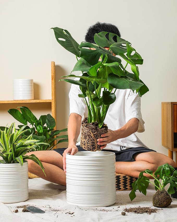 Ceramic Pots for Plants, 10+8+6 Inch White Planter with Drainage, Modern Striped Indoor/Outdoor Flower Pots for Succulents, Herbs, Home Office & Patio - Includes Mesh Pads & Saucer, Set of 3 ﻿