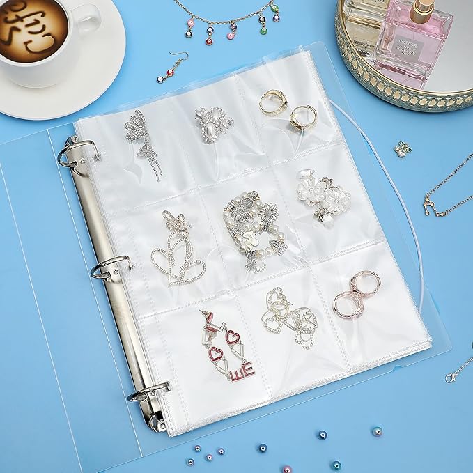 Transparent Jewelry Storage Binder Book Anti Oxidation Jewelry Zipper Bag Plastic Storage Holder Travel Earring Ear Stud Bracelet Necklace Organizer, Loose Leaf Book with 50 PVC Bags (288 Grids)