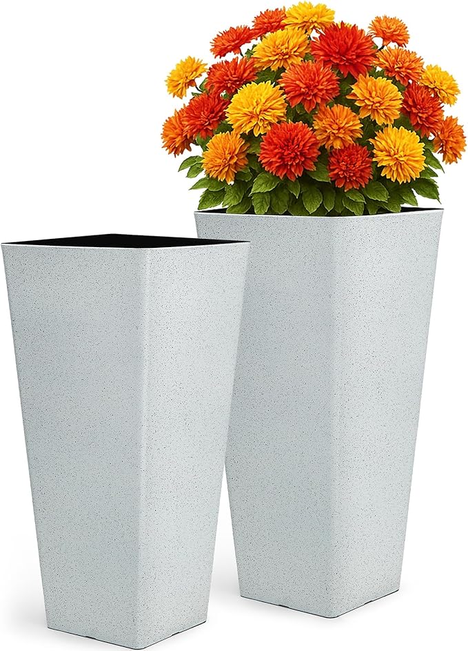 28" Tall Planters for Indoor Outdoor Plants, Set of 2 Large Tapered Flower Pots, Modern Plant Containers for Patio, Garden, Porch, Balcony or Home Decor, White Terrazzo, Durable & UV-Resistant