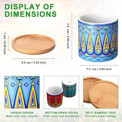 Zopeal 12 Pcs 3 Inch Mandala Ceramic Succulent Pots with Bamboo Trays, Small Indoor Cactus Planters with Drainage Holes for Desk, Windowsill and Home Decor