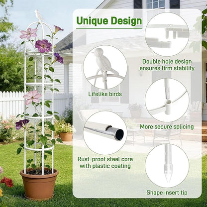 6ft Garden Obelisk Trellis for Climbing Plants-Rustproof Metal Pipe with Heavy Duty Plastic Coated, Garden Outdoor Indoor Potted Plant Support for Clematis Vine Jasmine Support （White）