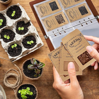 Seed Storage Organizer,100 Packets Seed Organizer Binder with 50Pcs Kraft Adhesive Seed Storage Envelopes with Window for Flower Garden Vegetable Collection