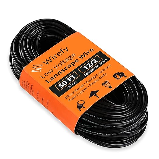 Wirefy 12/2 Low Voltage Landscape Wire 50 ft | Low Voltage Landscape Lighting Wire | Pure Copper | Outdoor Direct Burial | 12-Gauge 2-Conductor 50 Feet | UL Listed
