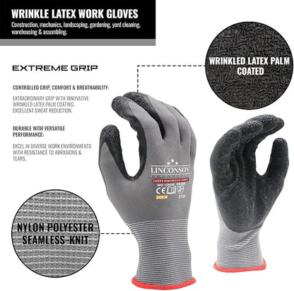linconson 12 Pack Safety Performance Series Construction Mechanics Wrinkle Latex Work Gloves