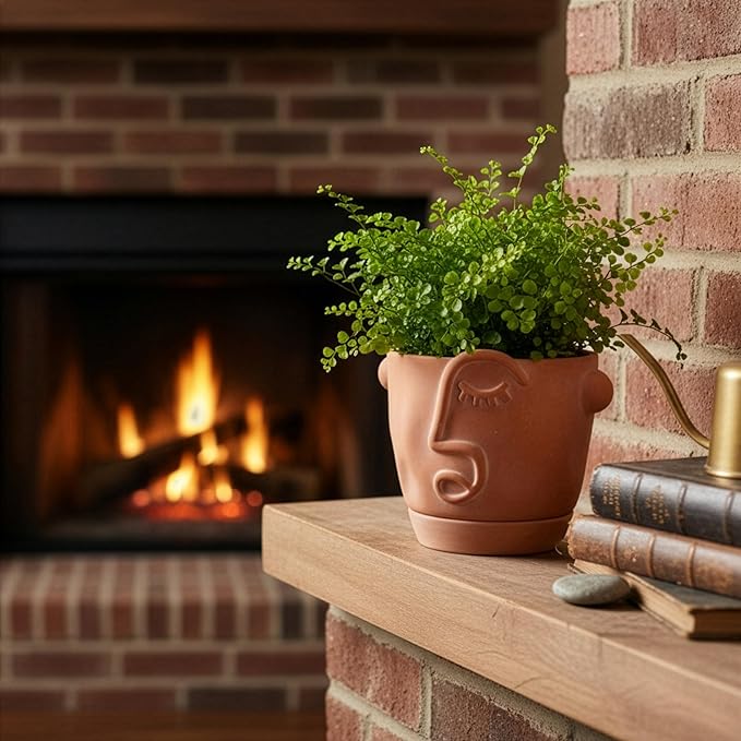 6 Inch Terracotta Abstract Face Planter with Drainage & Saucer – Artistic Ceramic Flower Pot for Indoor Plants, Boho Home Decor, Unique Gift for Plant & Art Lovers