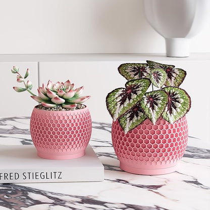 Plant Pots, Modern 3D Printed Honeycomb Planters for Indoor Plants, 4.7/6 Inch Cherry Pink Decorative Flower Pot for Office Desktop, Bookshelf & Home Decor, Lightweight & Durable.
