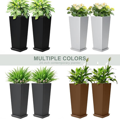 Set of 2 Tall Planters with Drainage Tray, 24 Inch Large Flower Pots for Indoor Outdoor Plants Mordern Planter Weather-Resistant for Patio, Front Door Decor, Garden (Gray)