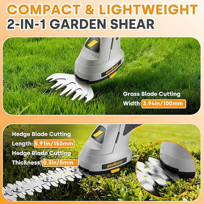 Enventor Cordless Hedge Trimmer and Grass Shear, 7.4V 2000mAh Lithium-ion Rechargeable Battery, 2-in-1 Handheld Electric Grass Trimmer, Small Hedge Cutter with 2 Interchangeable Blades